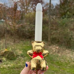 Vintage Christmas Gold Brass Teddy Bear Window Candle Electric Light Red Bow